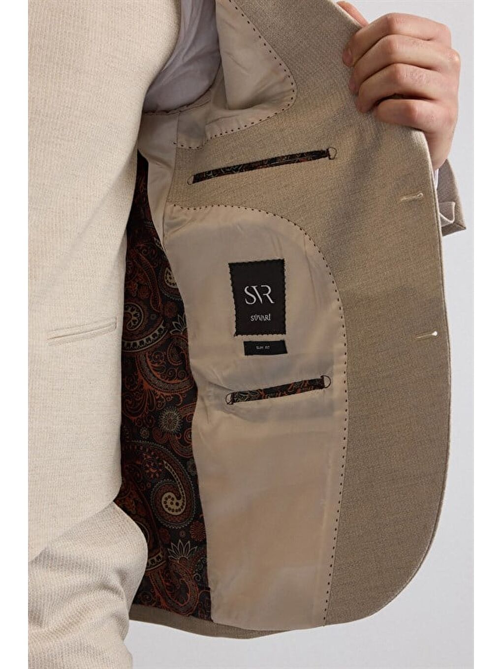 Bej Slim Sivri Yaka 6 Drop Yelekli Takım Elbise-4