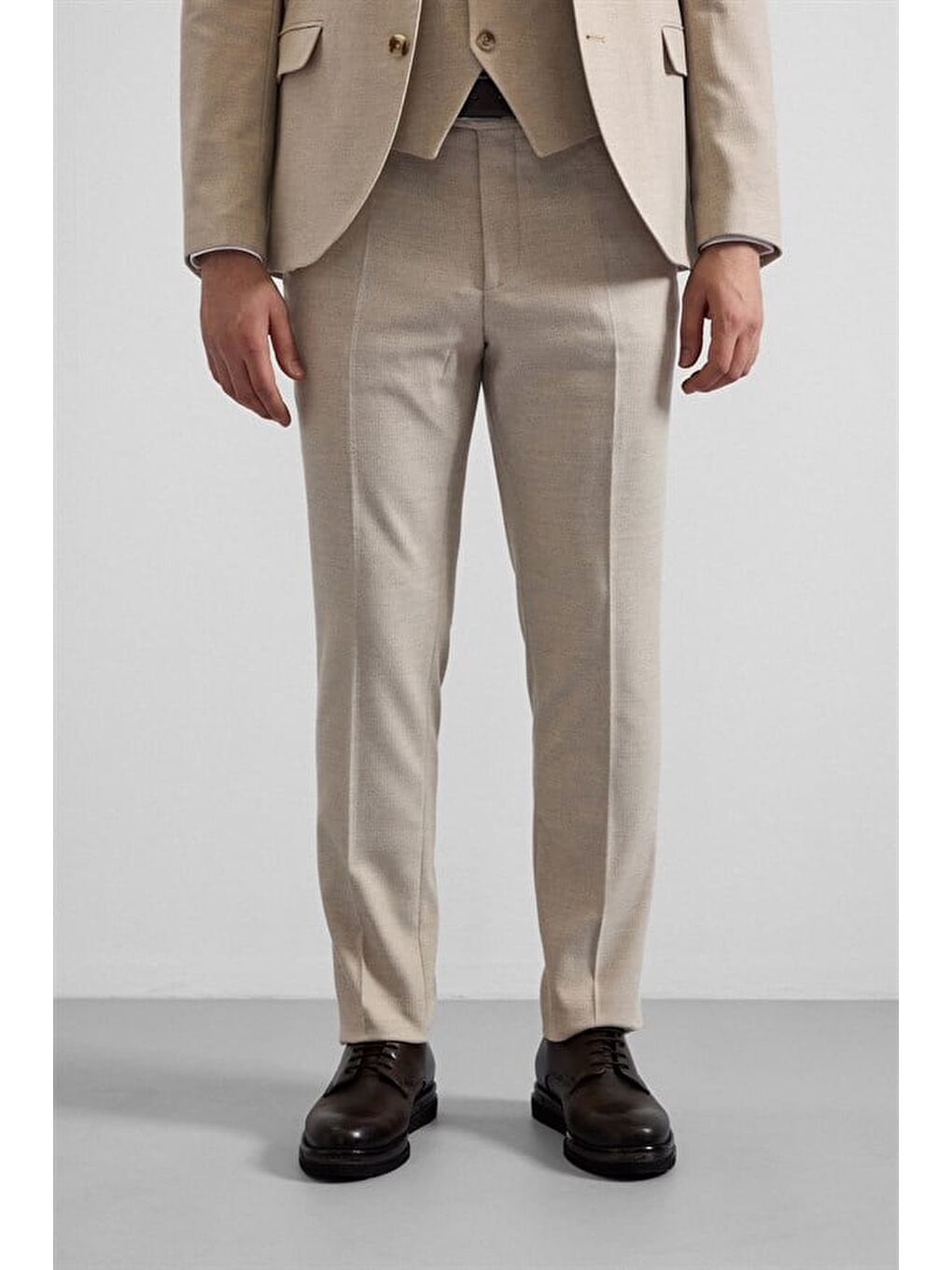 Bej Slim Sivri Yaka 6 Drop Yelekli Takım Elbise-5