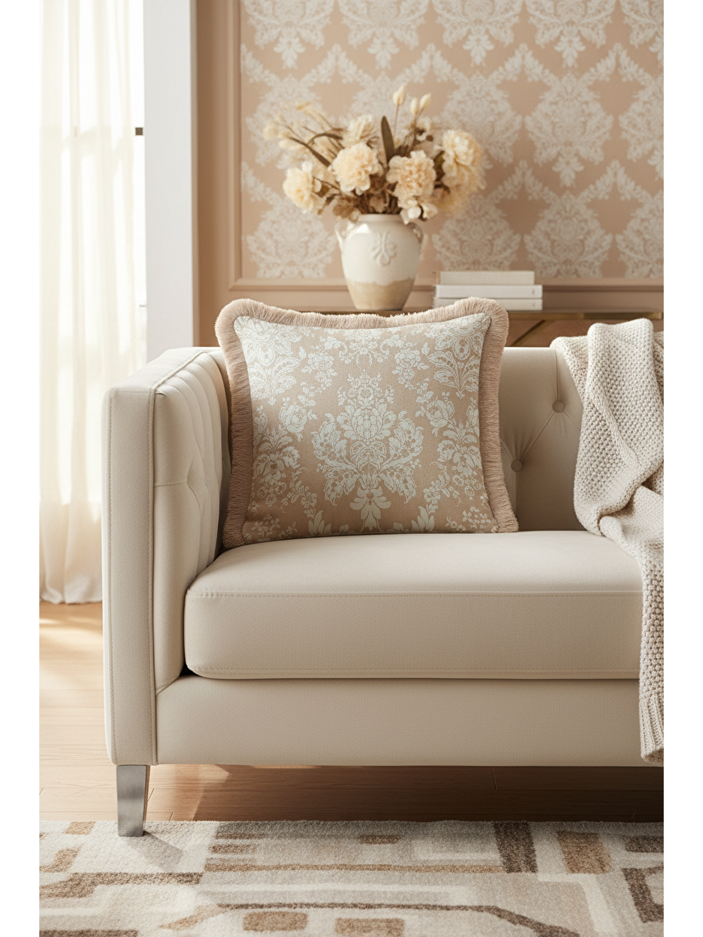 Karışık Barok Lüks Saçaklı Yastık Kılıfı - Klasik Country Bej Krem Püsküllü Kırlent Kılıfı-3