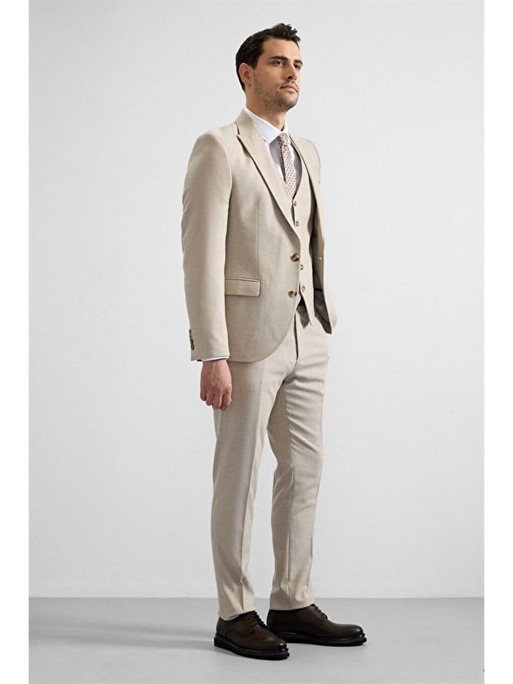 Bej Slim Sivri Yaka 6 Drop Yelekli Takım Elbise-6