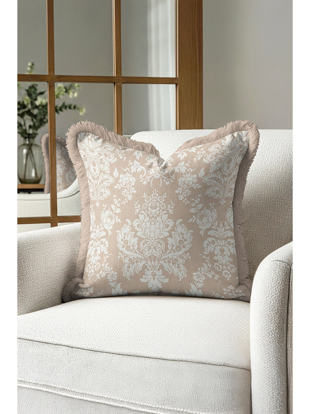 Karışık Barok Lüks Saçaklı Yastık Kılıfı - Klasik Country Bej Krem Püsküllü Kırlent Kılıfı-4