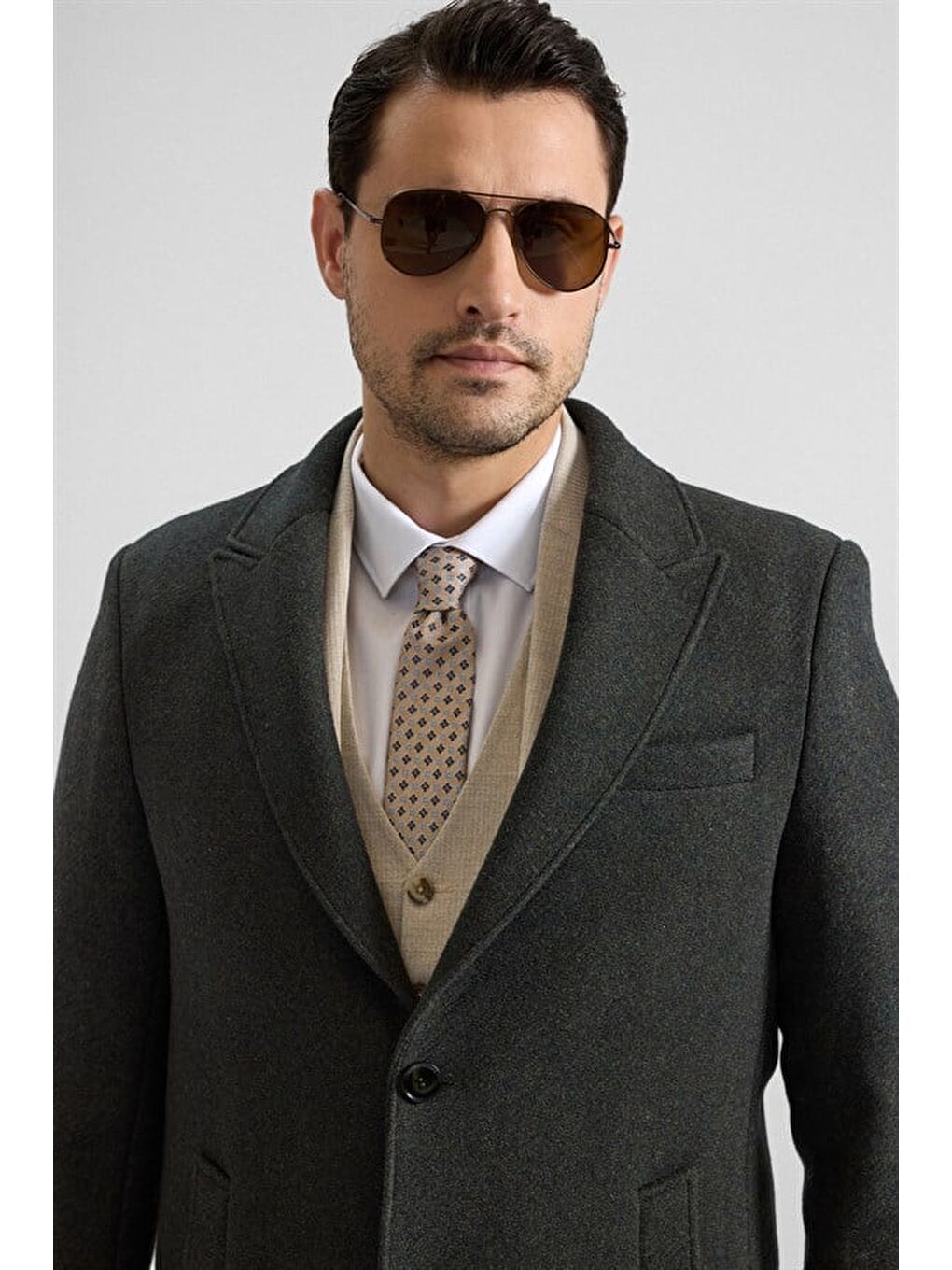 Haki Slim Sivri Yaka Düz Yan Cepli Düğmeli Dolgusuz Standart Kaban-2