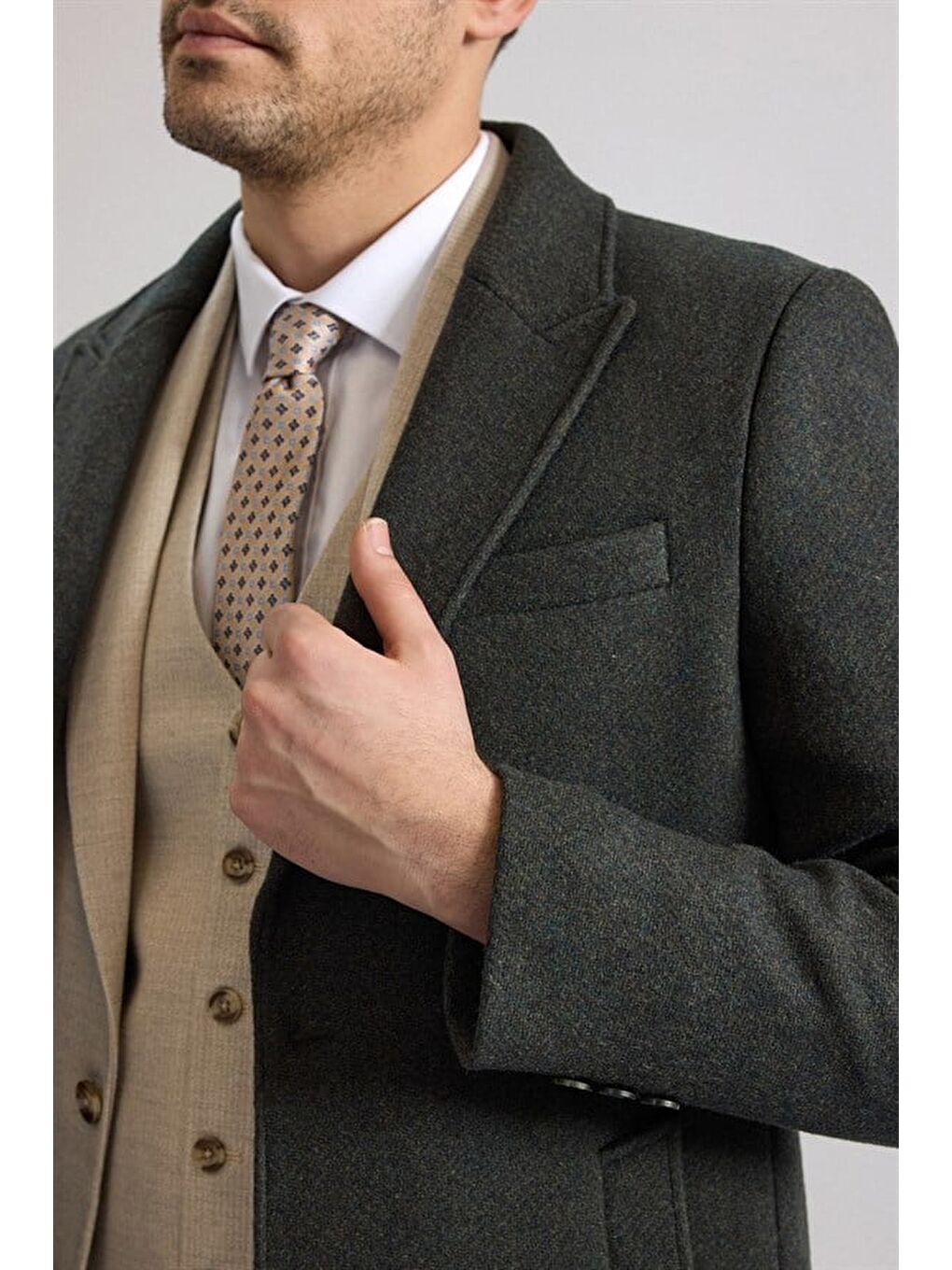 Haki Slim Sivri Yaka Düz Yan Cepli Düğmeli Dolgusuz Standart Kaban-3