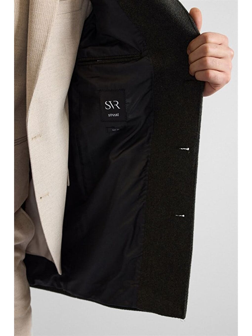 Haki Slim Sivri Yaka Düz Yan Cepli Düğmeli Dolgusuz Standart Kaban-4