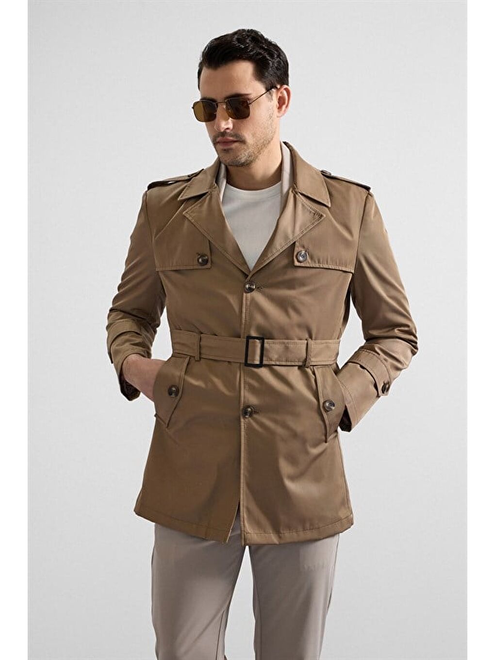Bej Slim Kruvaze Yaka Düz Yan Cepli Düğmeli Dolgusuz Yıkamalı Trençkot-2