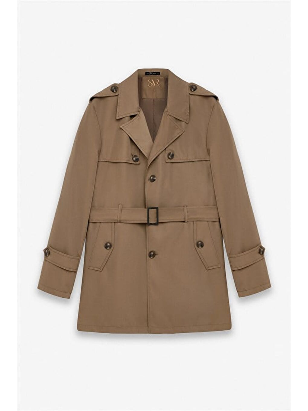 Bej Slim Kruvaze Yaka Düz Yan Cepli Düğmeli Dolgusuz Yıkamalı Trençkot-7