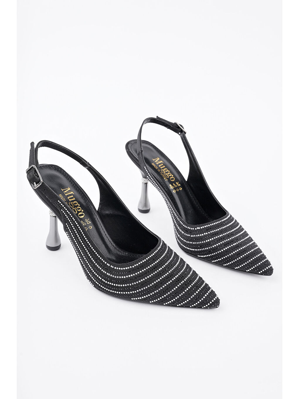 Siyah AMRİTA Sivri Burun Taşlı Arkası Açık Klasik Topuklu Kadın Ayakkabı-5