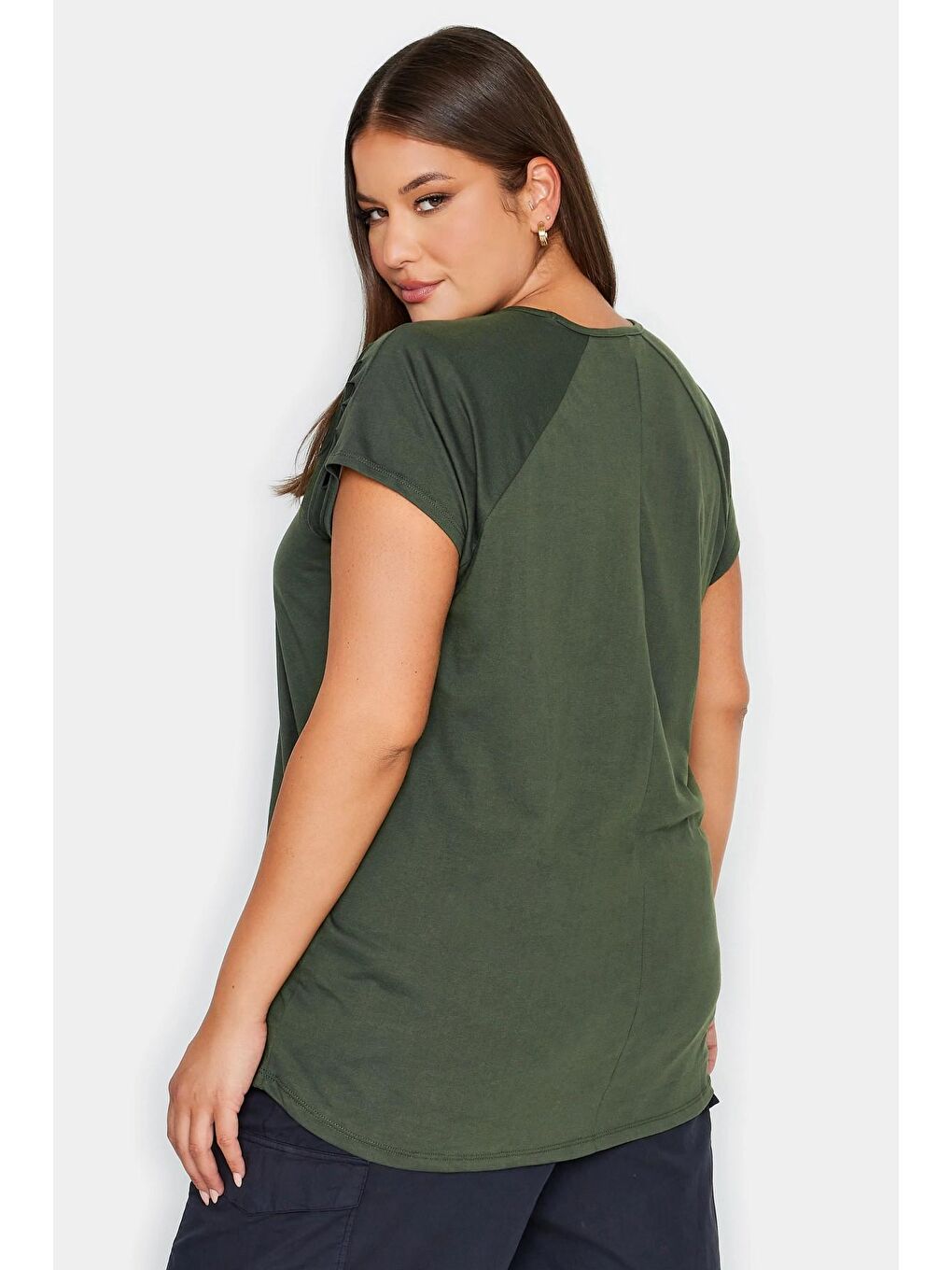 Haki Büyük Beden Kol Detaylı Kuru Kafa Baskılı Bisiklet Yaka Tişört 321124-4