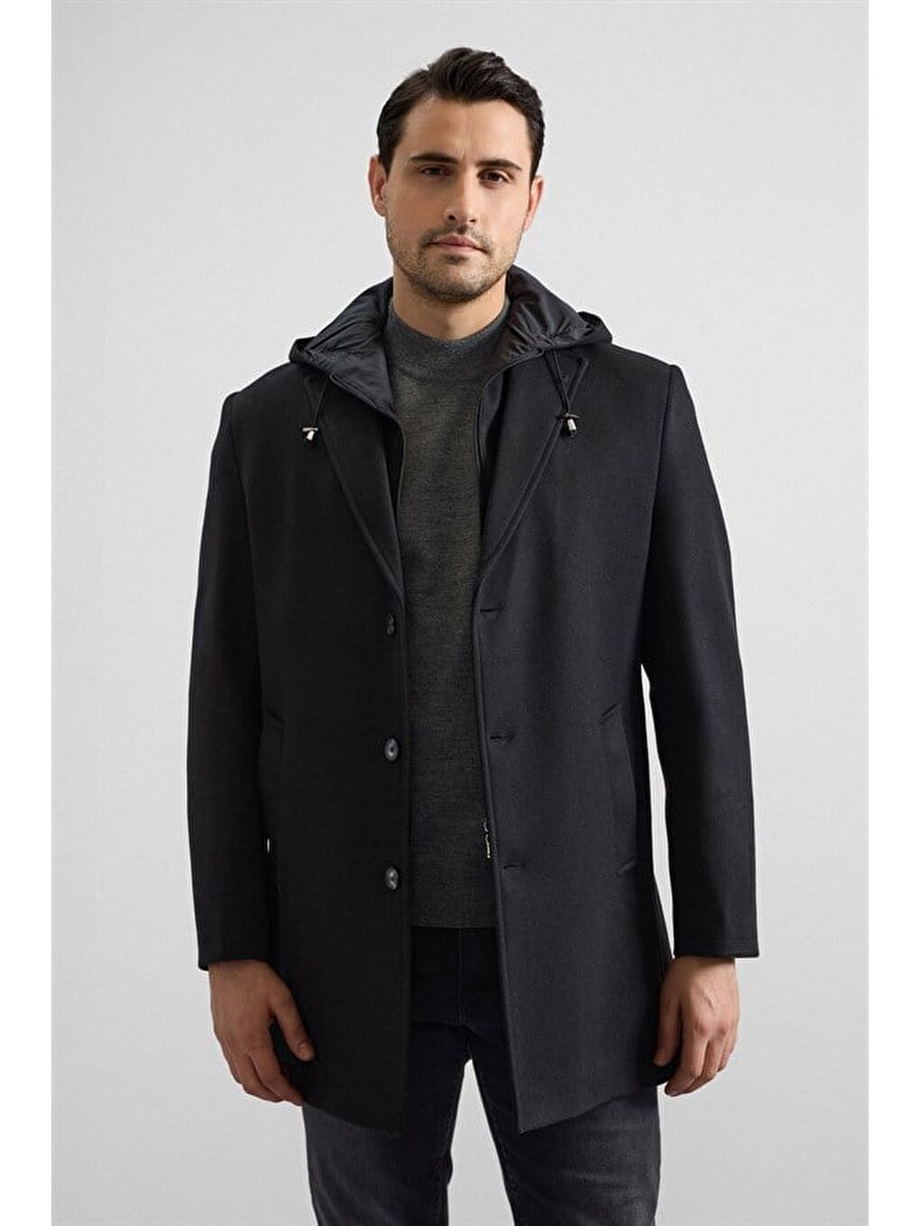 Siyah Slim Kruvaze Yaka Düz Yan Cepli Düğmeli Dolgusuz Standart Kaban