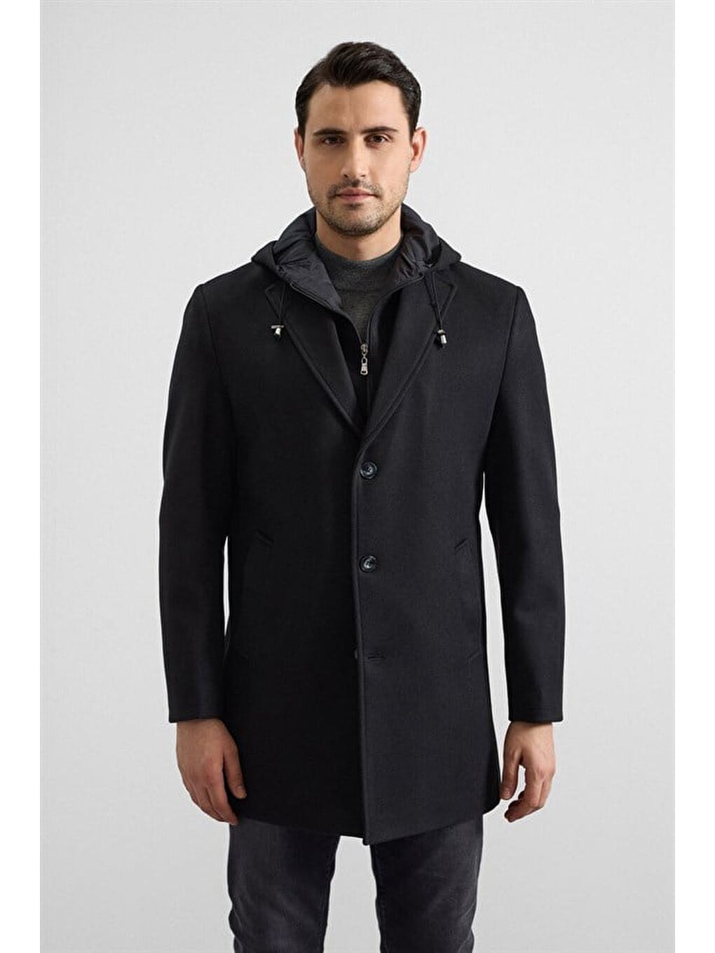 Siyah Slim Kruvaze Yaka Düz Yan Cepli Düğmeli Dolgusuz Standart Kaban-4