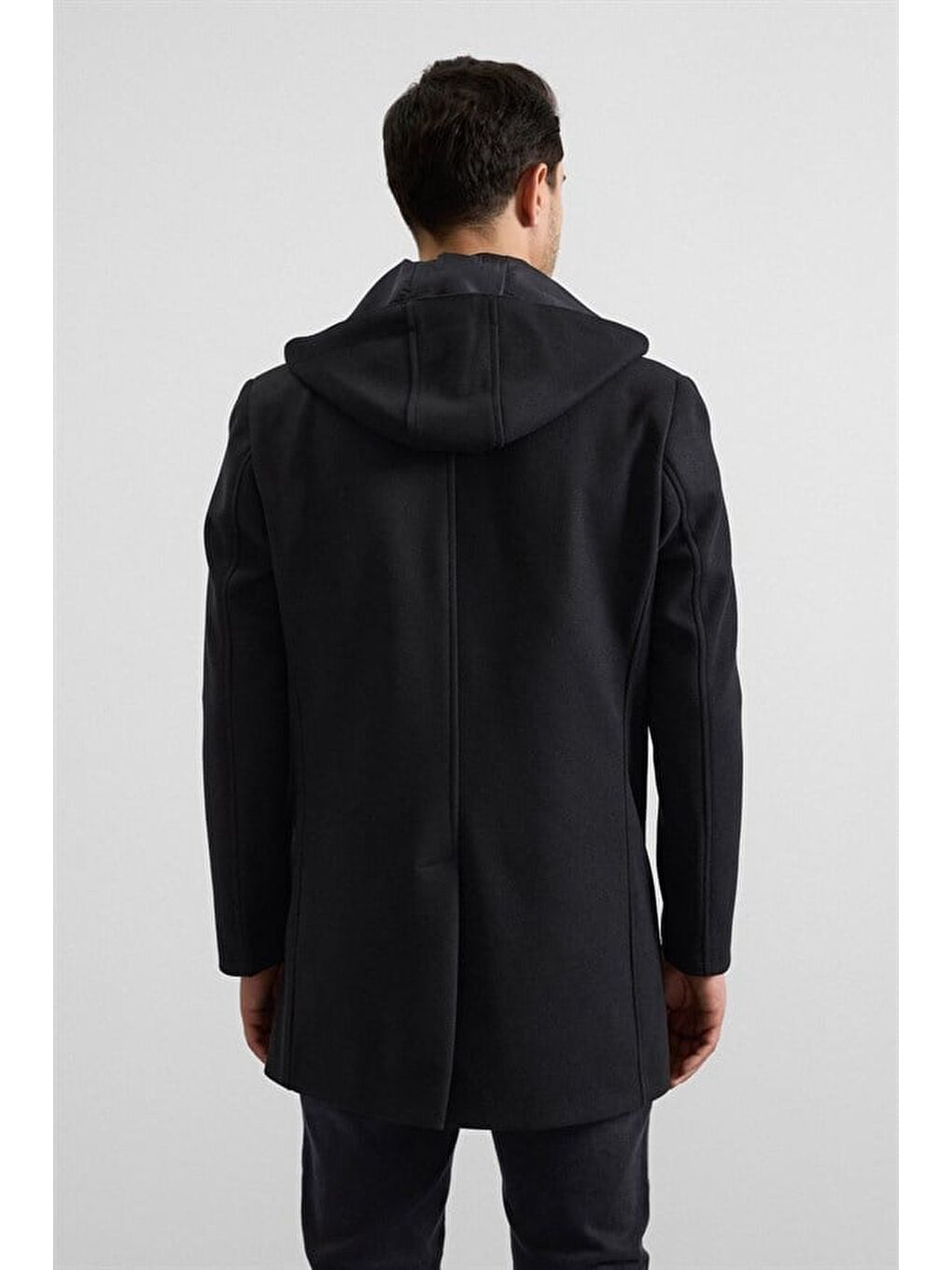 Siyah Slim Kruvaze Yaka Düz Yan Cepli Düğmeli Dolgusuz Standart Kaban-5