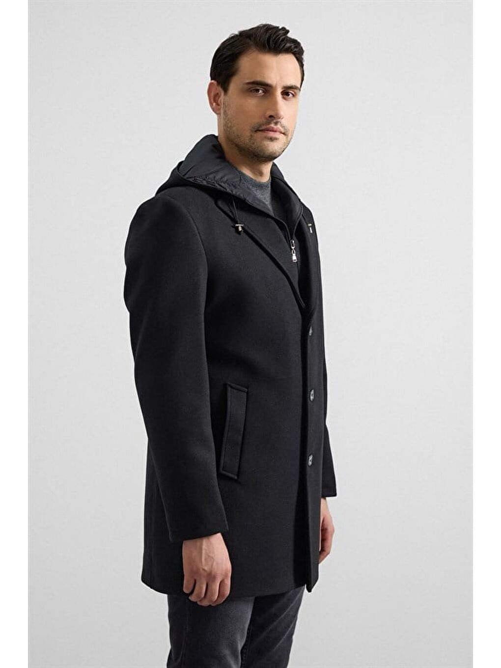 Siyah Slim Kruvaze Yaka Düz Yan Cepli Düğmeli Dolgusuz Standart Kaban-6