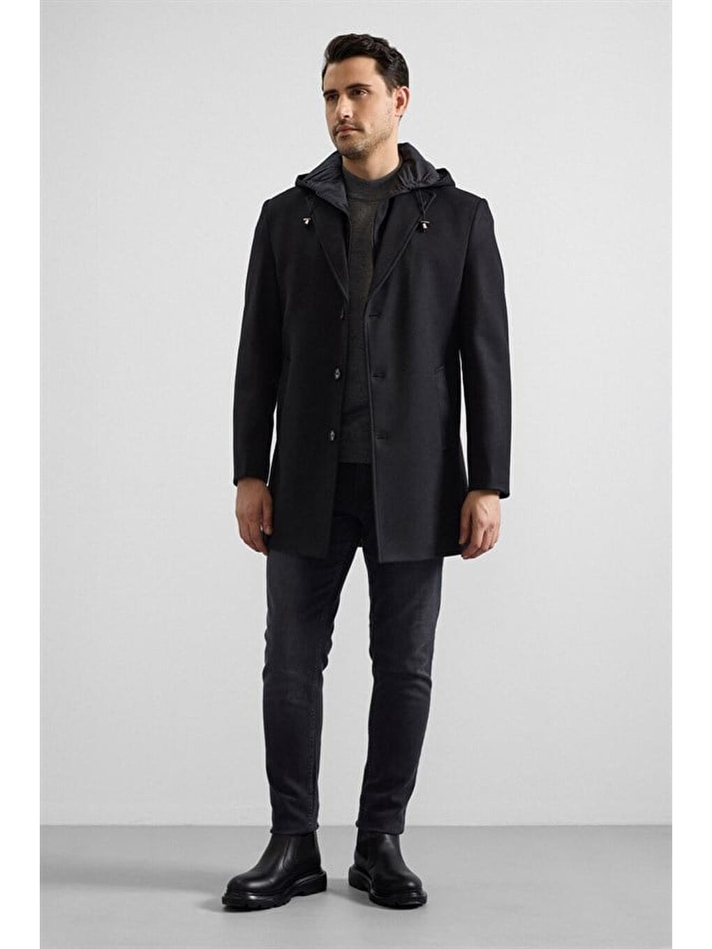 Siyah Slim Kruvaze Yaka Düz Yan Cepli Düğmeli Dolgusuz Standart Kaban-7