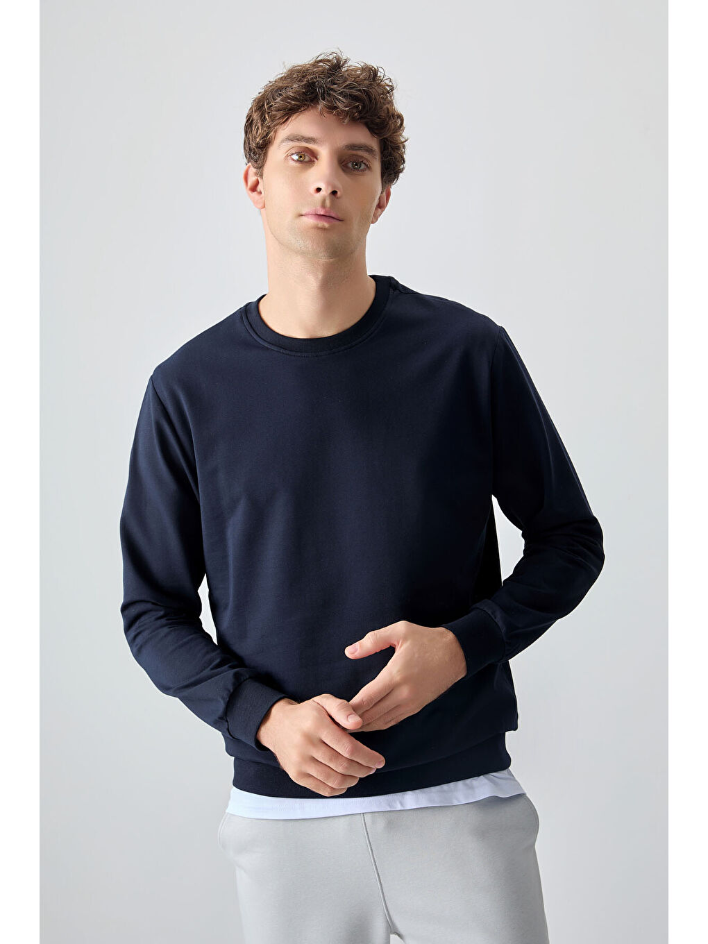 Lacivert Pamuk Dokulu Standart Fit Basic Erkek Sweatshirt - 88363