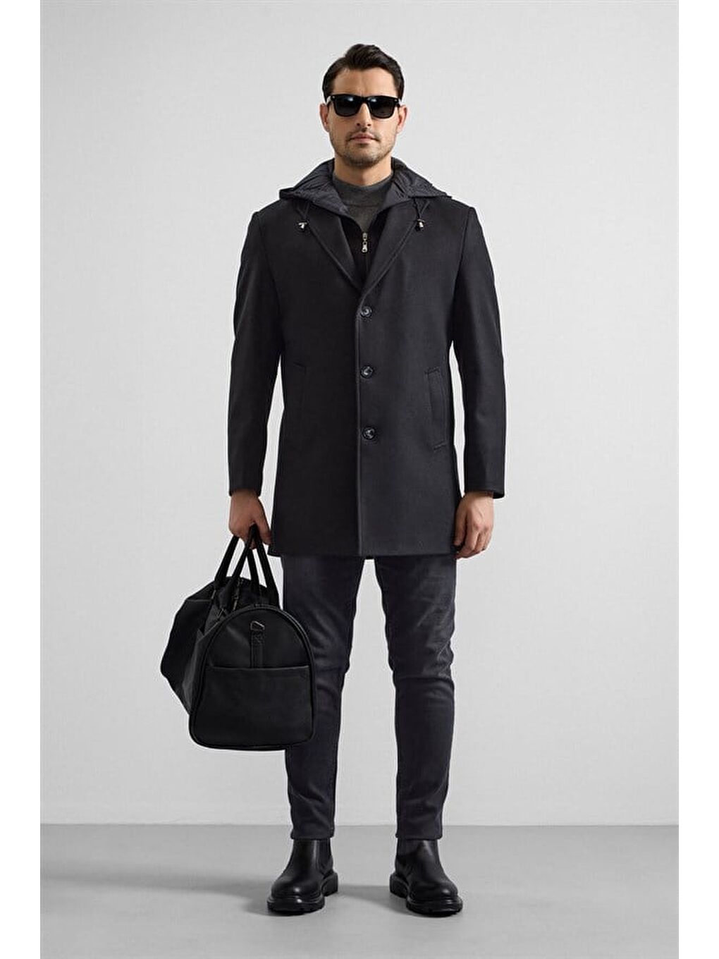 Siyah Slim Kruvaze Yaka Düz Yan Cepli Düğmeli Dolgusuz Standart Kaban-8