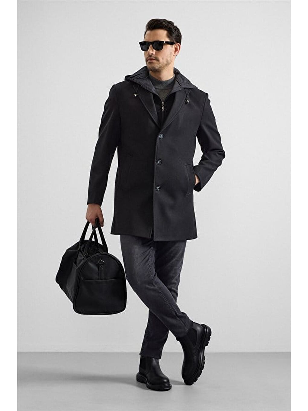 Siyah Slim Kruvaze Yaka Düz Yan Cepli Düğmeli Dolgusuz Standart Kaban-10