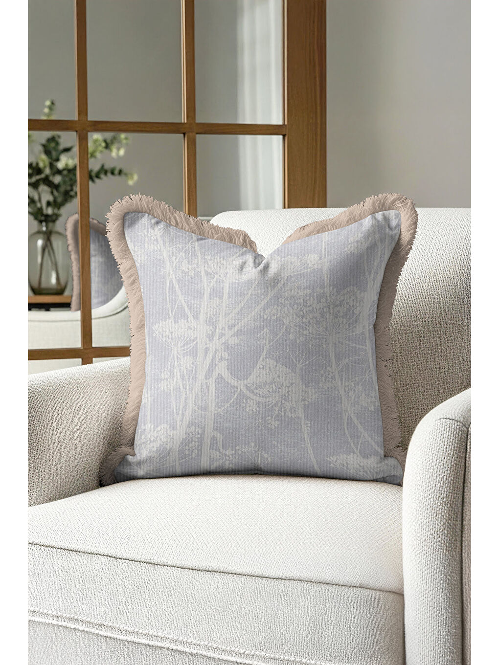 Karışık Zamansız Elegance Saçaklı Yastık Kılıfı - Doğal Botanik İskandinav Gri Bej Püsküllü Kırlent Kılıfı-1