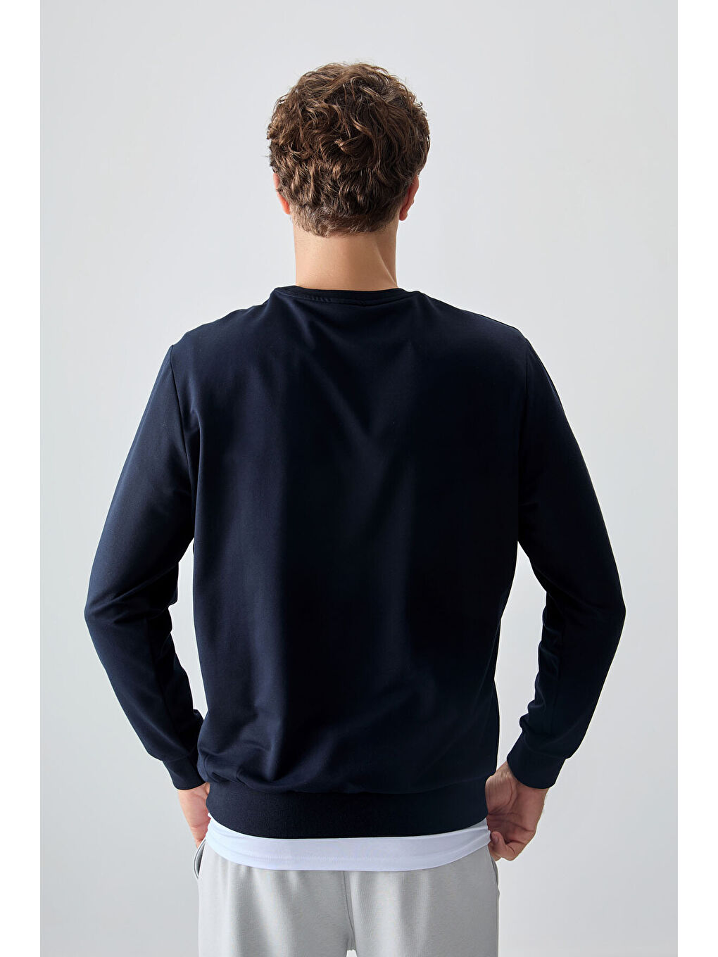 Lacivert Pamuk Dokulu Standart Fit Basic Erkek Sweatshirt - 88363-4