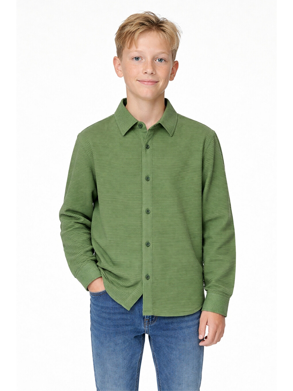 Yeşil Erkek Çocuk Modern Kesim Beyaz Polyester Basic Gömlek Ak8789