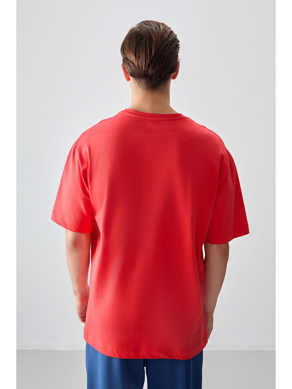 Kırmızı %100 Pamuk Kalın Yumuşak Dokulu Oversize Fit Baskılı Erkek Tişört - 88359-4