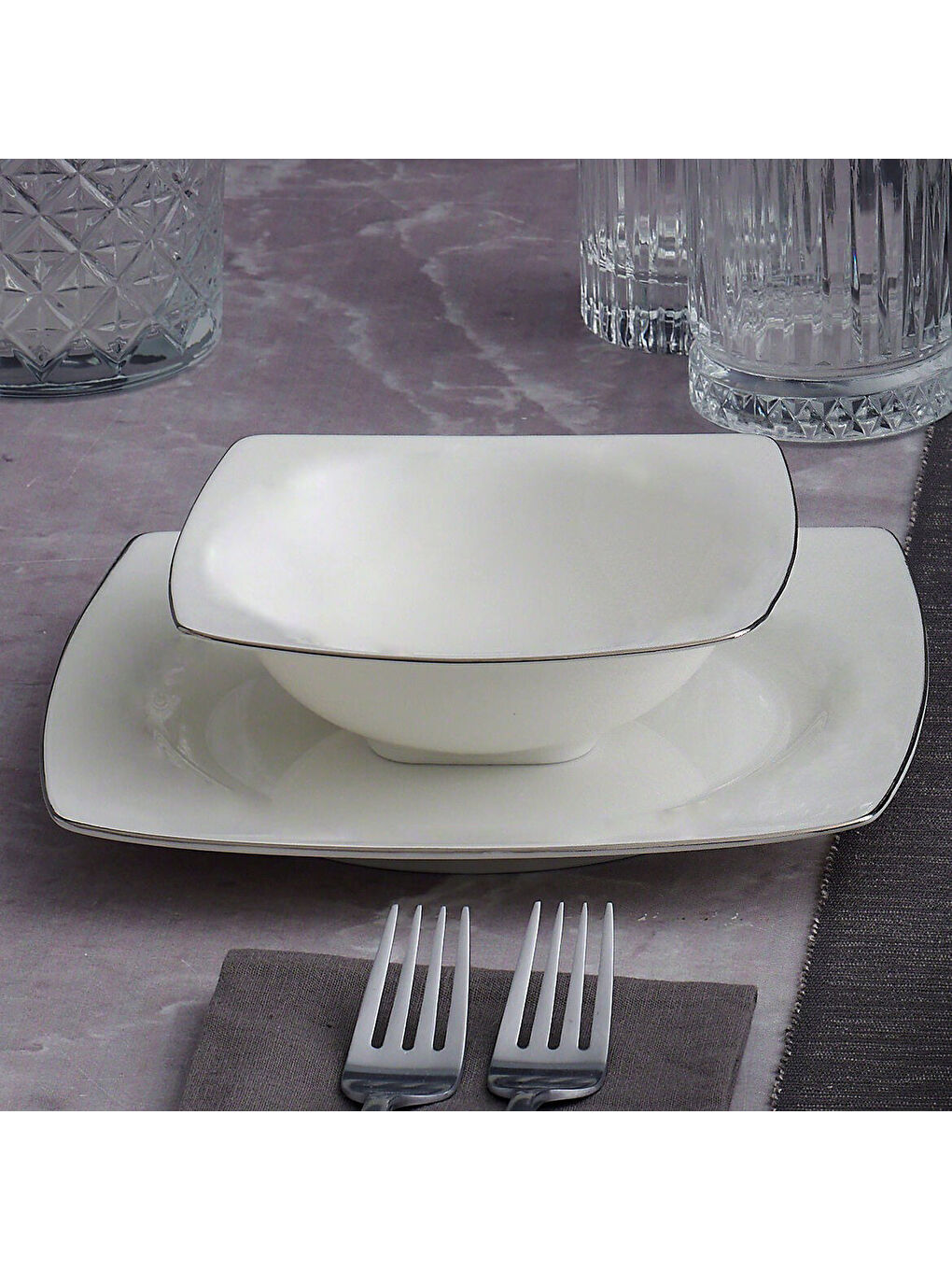 Ekru Caroline 85 Parça 12 Kişilik Kare Yemek Takımı Gümüş Yaldız 220-2