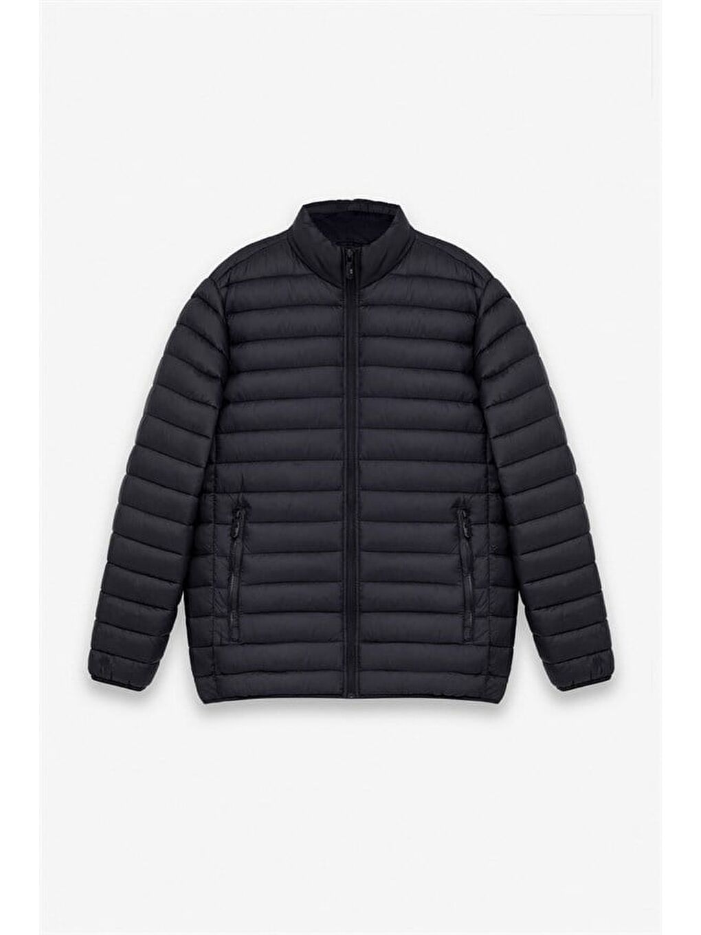 Siyah Slim Yarım Balıkçı Yaka Yatay Çizgili Yan Cepli Fermuar Elyaf Dolgulu Standart Mont-9