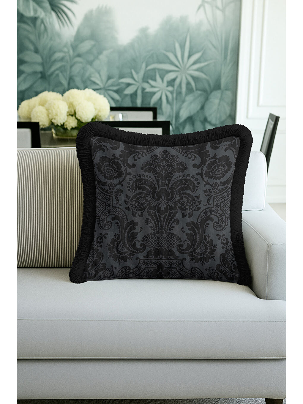 Karışık Barok Lüks Saçaklı Yastık Kılıfı - Gotik Şıklık Koyu Gri Siyah Avangart Püsküllü Kırlent Kılıfı