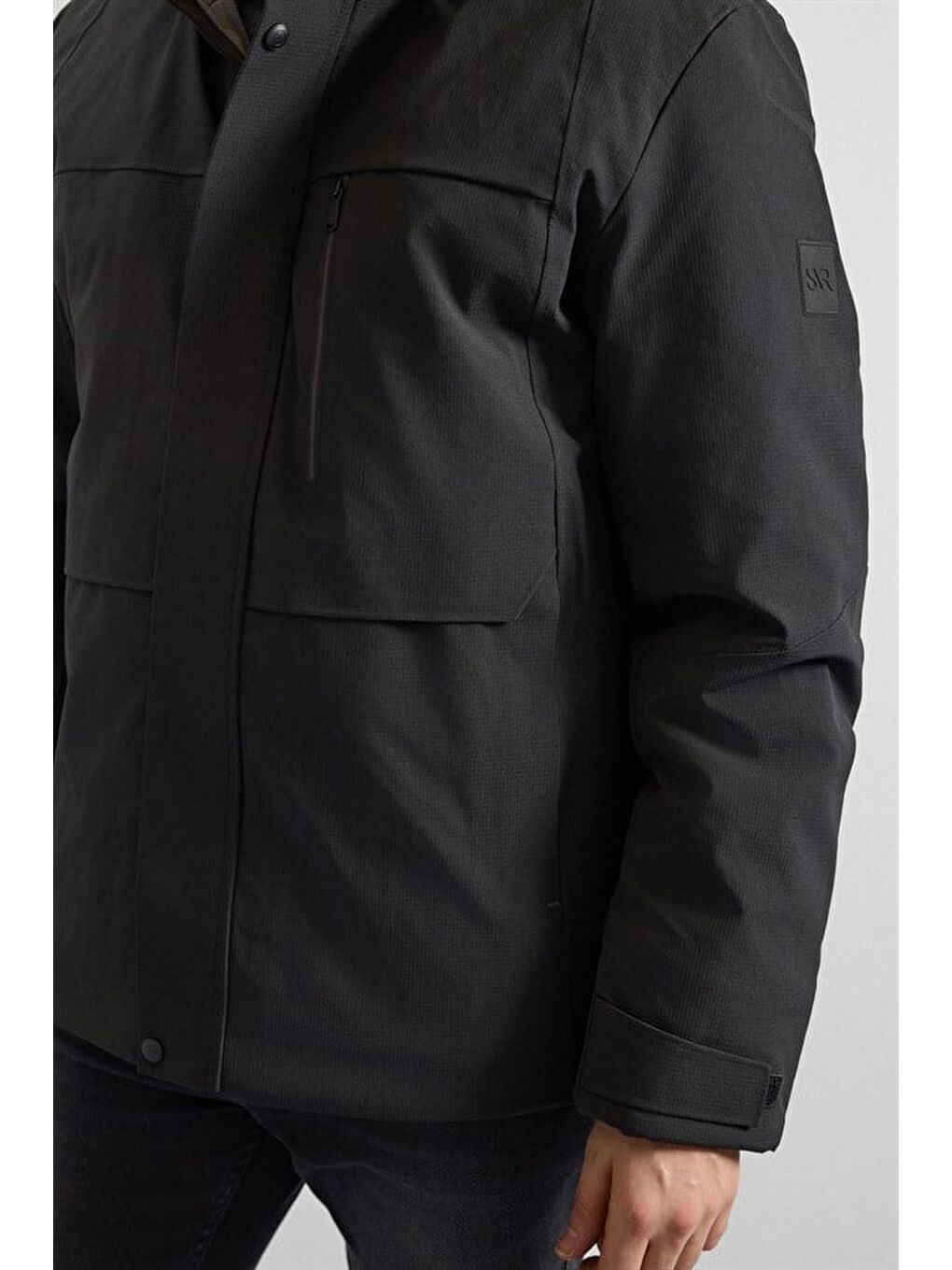 Siyah Slim Dik Yaka Düz Yan Cepli Fermuar + Çıtçıt Kapitone Standart Mont-2