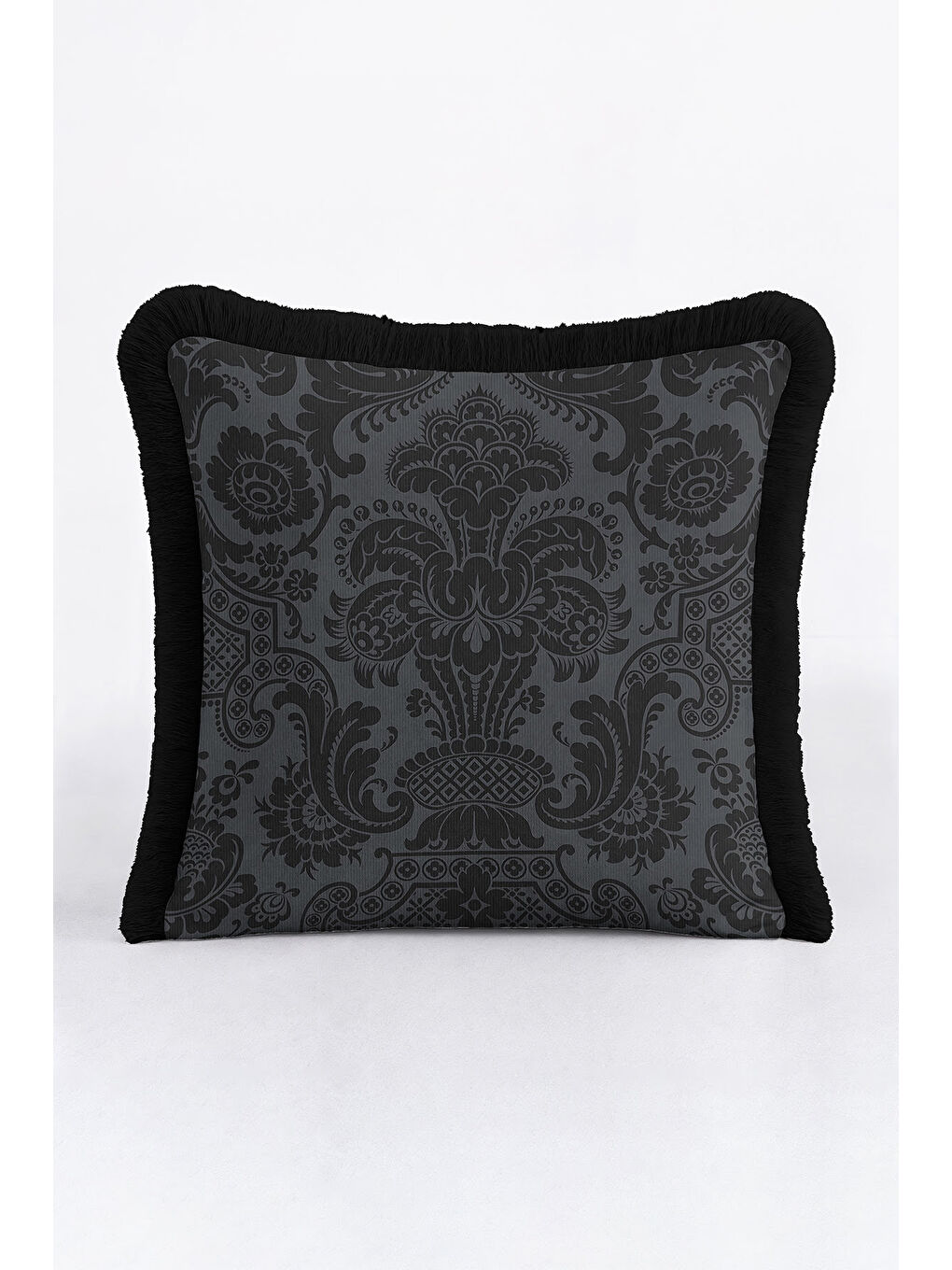 Karışık Barok Lüks Saçaklı Yastık Kılıfı - Gotik Şıklık Koyu Gri Siyah Avangart Püsküllü Kırlent Kılıfı-1