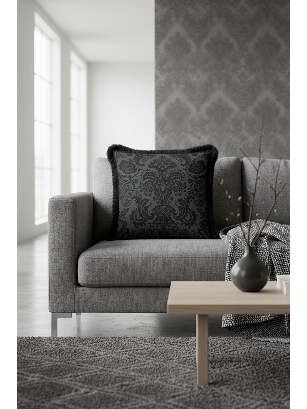 Karışık Barok Lüks Saçaklı Yastık Kılıfı - Gotik Şıklık Koyu Gri Siyah Avangart Püsküllü Kırlent Kılıfı-2