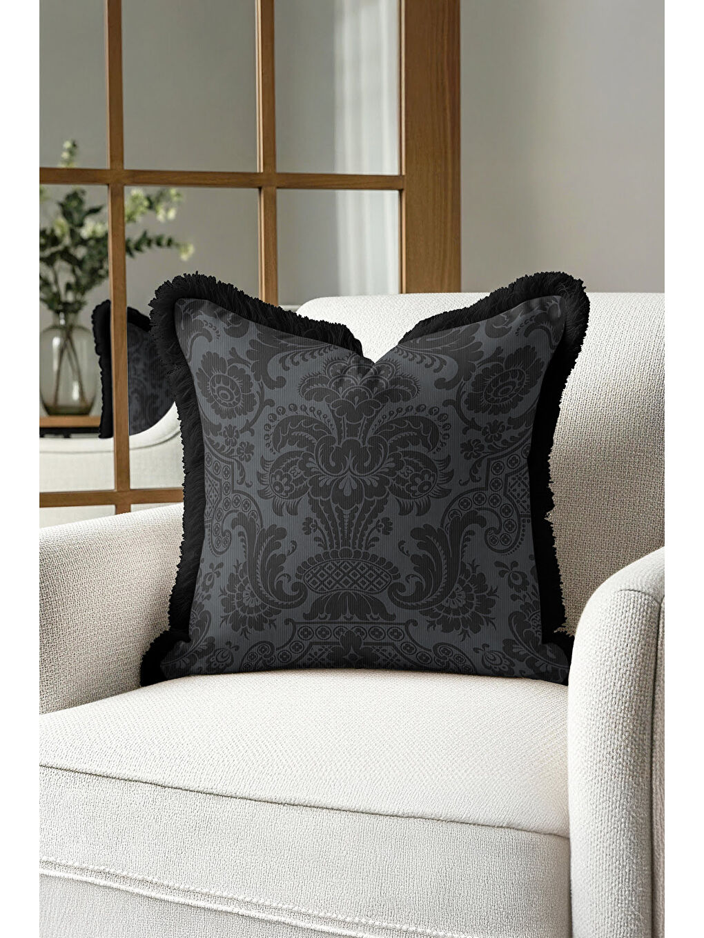 Karışık Barok Lüks Saçaklı Yastık Kılıfı - Gotik Şıklık Koyu Gri Siyah Avangart Püsküllü Kırlent Kılıfı-4