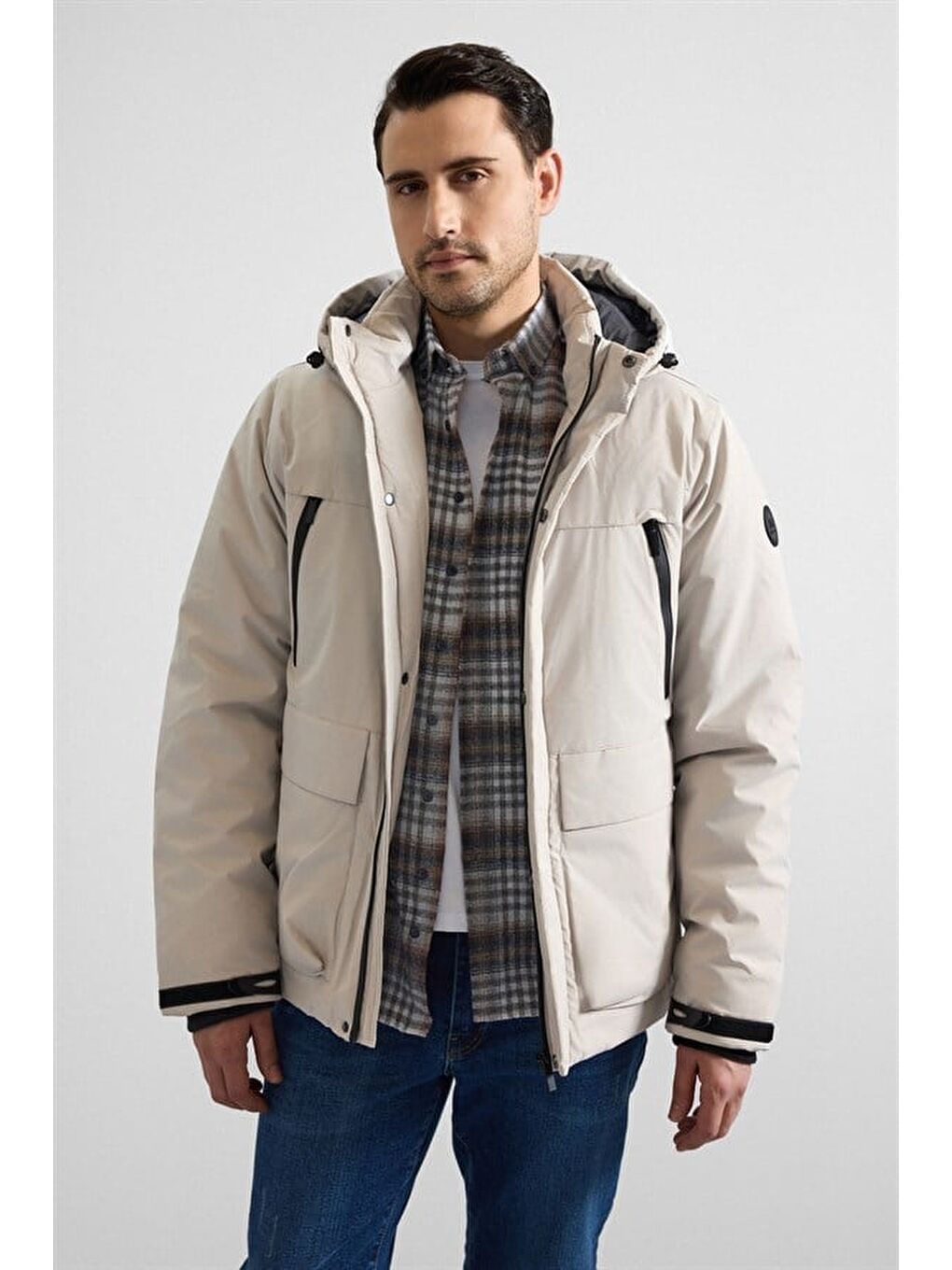 Gri Taş Slim Dik Yaka Düz Kapaklı Cep Fermuar Elyaf Dolgulu Standart Mont-1