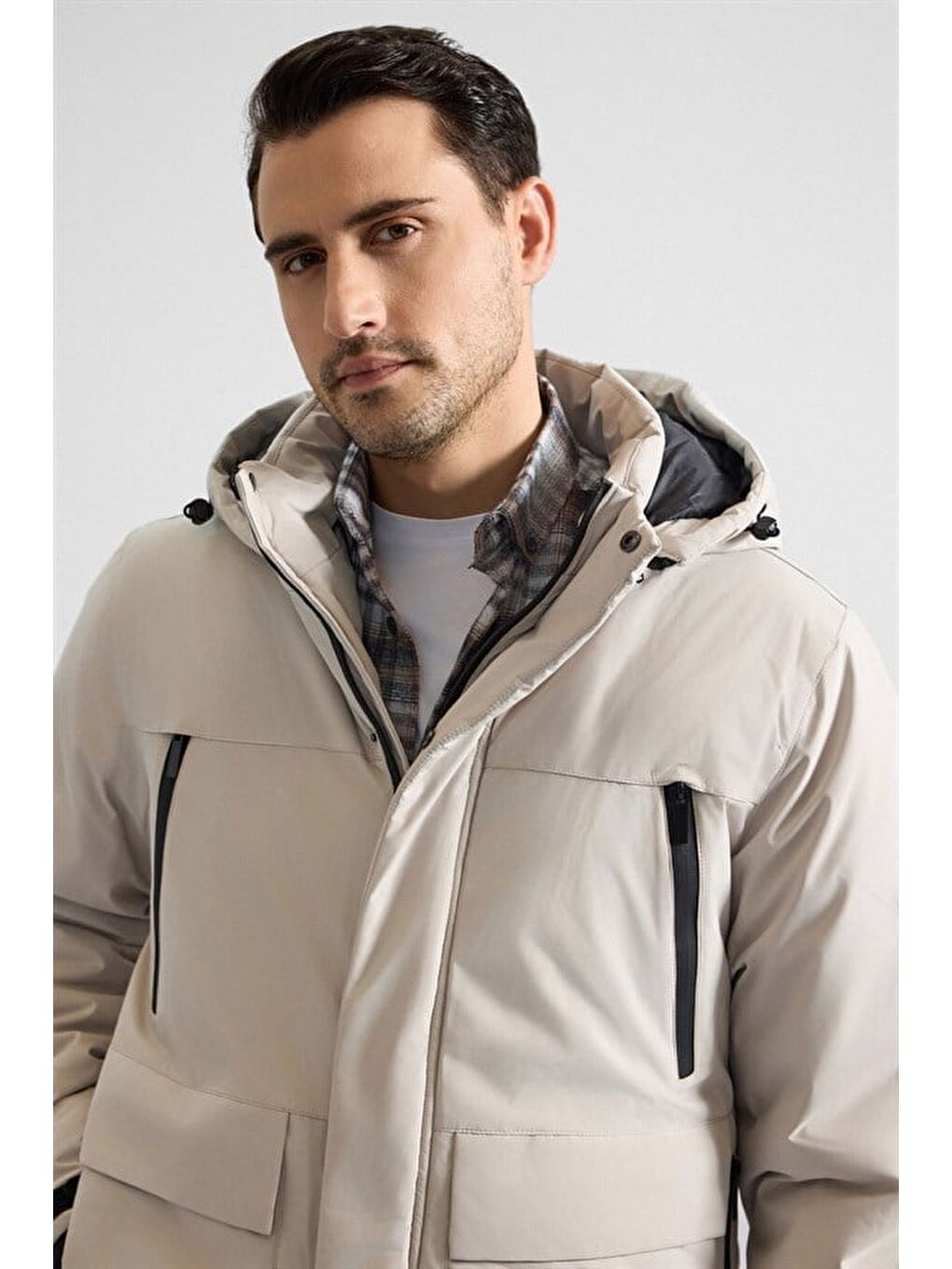 Gri Taş Slim Dik Yaka Düz Kapaklı Cep Fermuar Elyaf Dolgulu Standart Mont-2