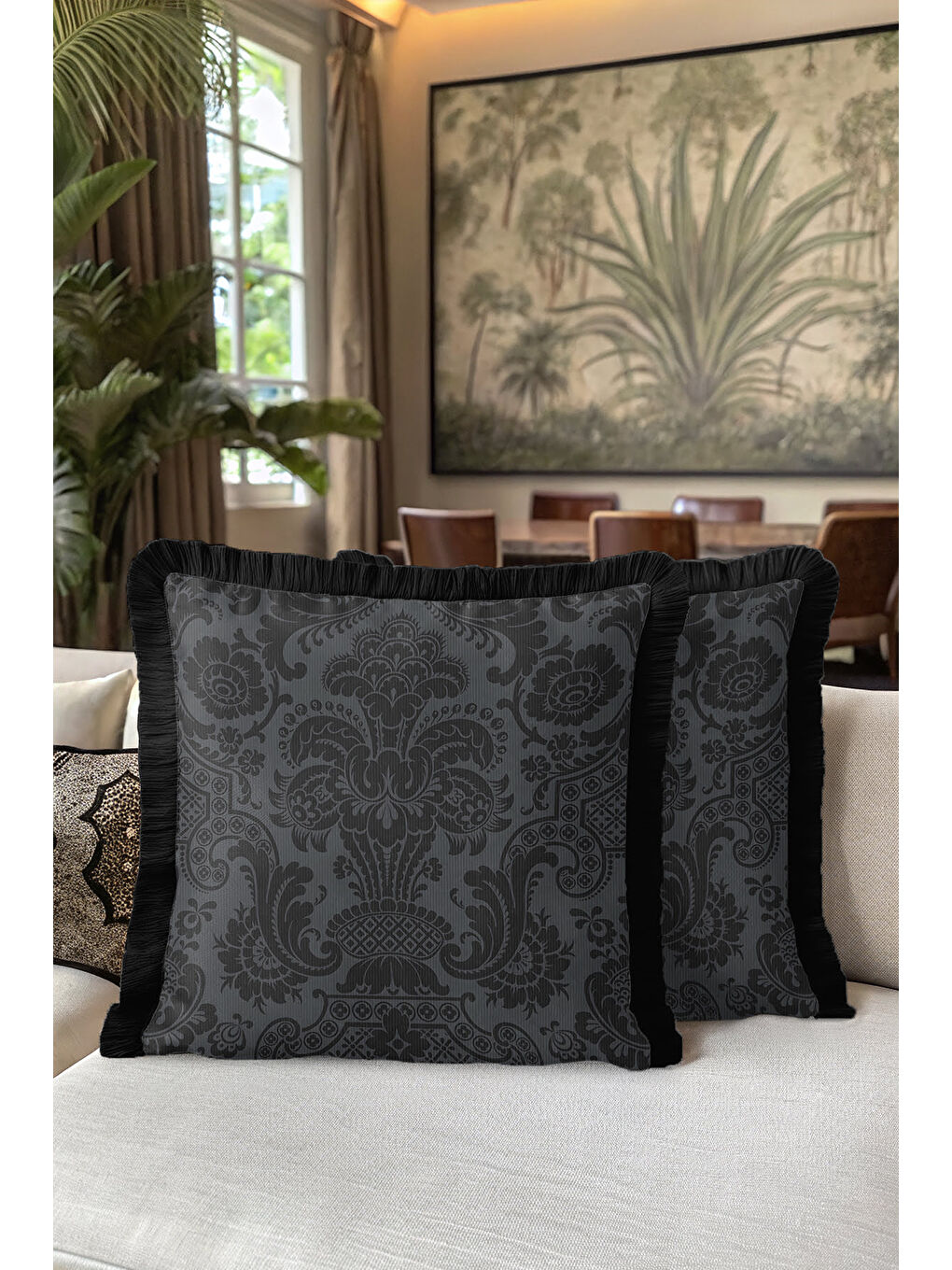 Karışık Barok Lüks Saçaklı Yastık Kılıfı - Gotik Şıklık Koyu Gri Siyah Avangart Püsküllü Kırlent Kılıfı-5