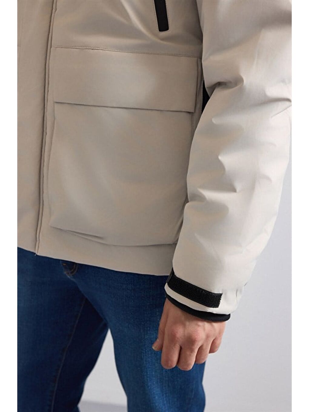 Gri Taş Slim Dik Yaka Düz Kapaklı Cep Fermuar Elyaf Dolgulu Standart Mont-4