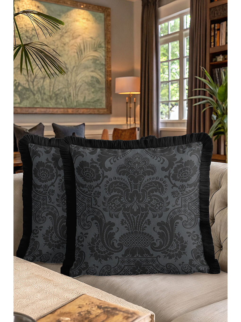 Karışık Barok Lüks Saçaklı Yastık Kılıfı - Gotik Şıklık Koyu Gri Siyah Avangart Püsküllü Kırlent Kılıfı-7