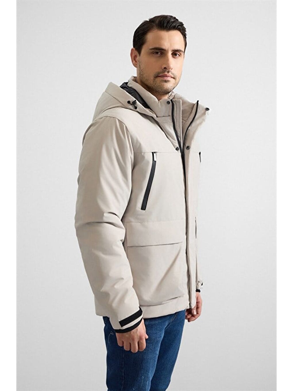 Gri Taş Slim Dik Yaka Düz Kapaklı Cep Fermuar Elyaf Dolgulu Standart Mont-7