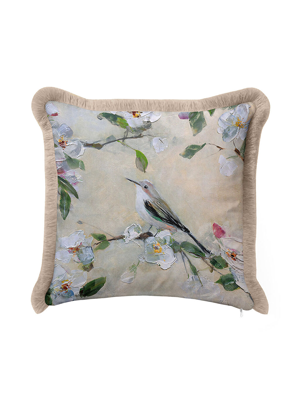 Karışık Pastoral Çiçekli Saçaklı Yastık Kılıfı - Doğal Bahar Kuş Rustik Krem Püsküllü Kırlent Kılıfı
