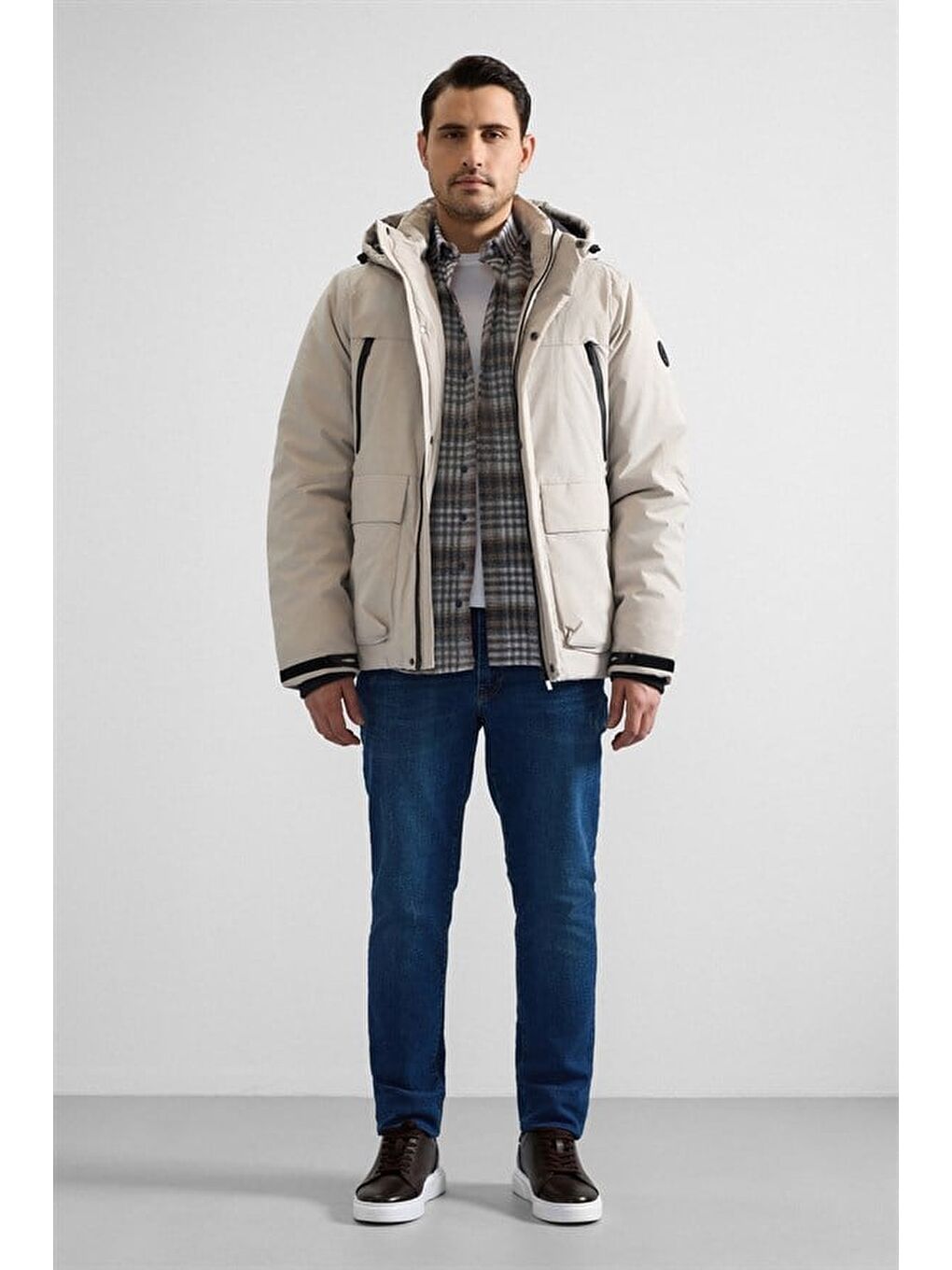 Gri Taş Slim Dik Yaka Düz Kapaklı Cep Fermuar Elyaf Dolgulu Standart Mont-8