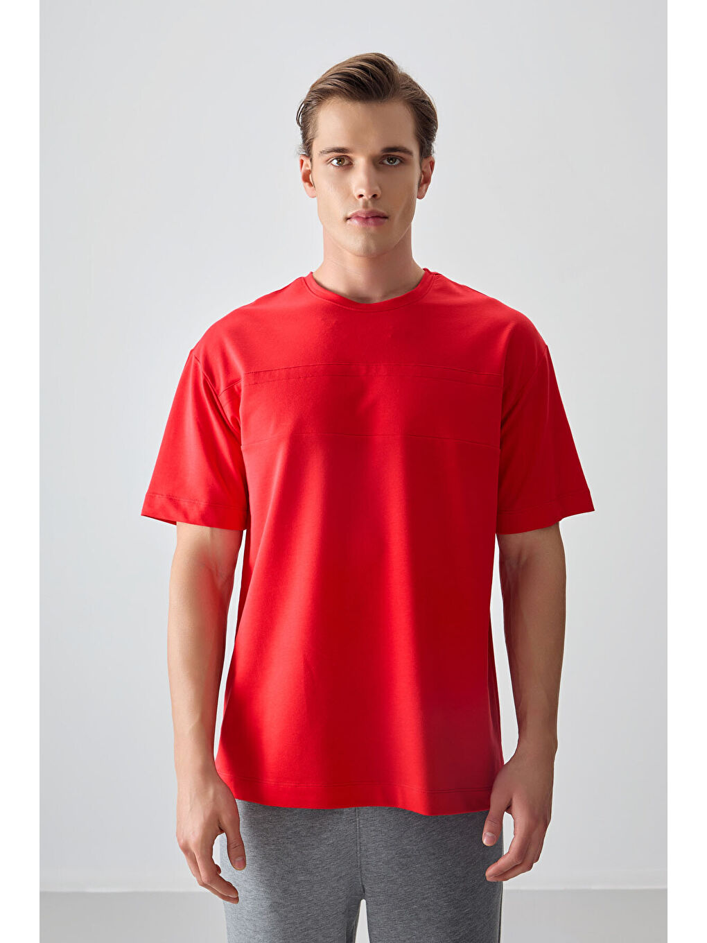 Kırmızı Pamuklu Kalın Yumuşak Dokulu Oversize Fit Basic Erkek Tişört - 88378-3