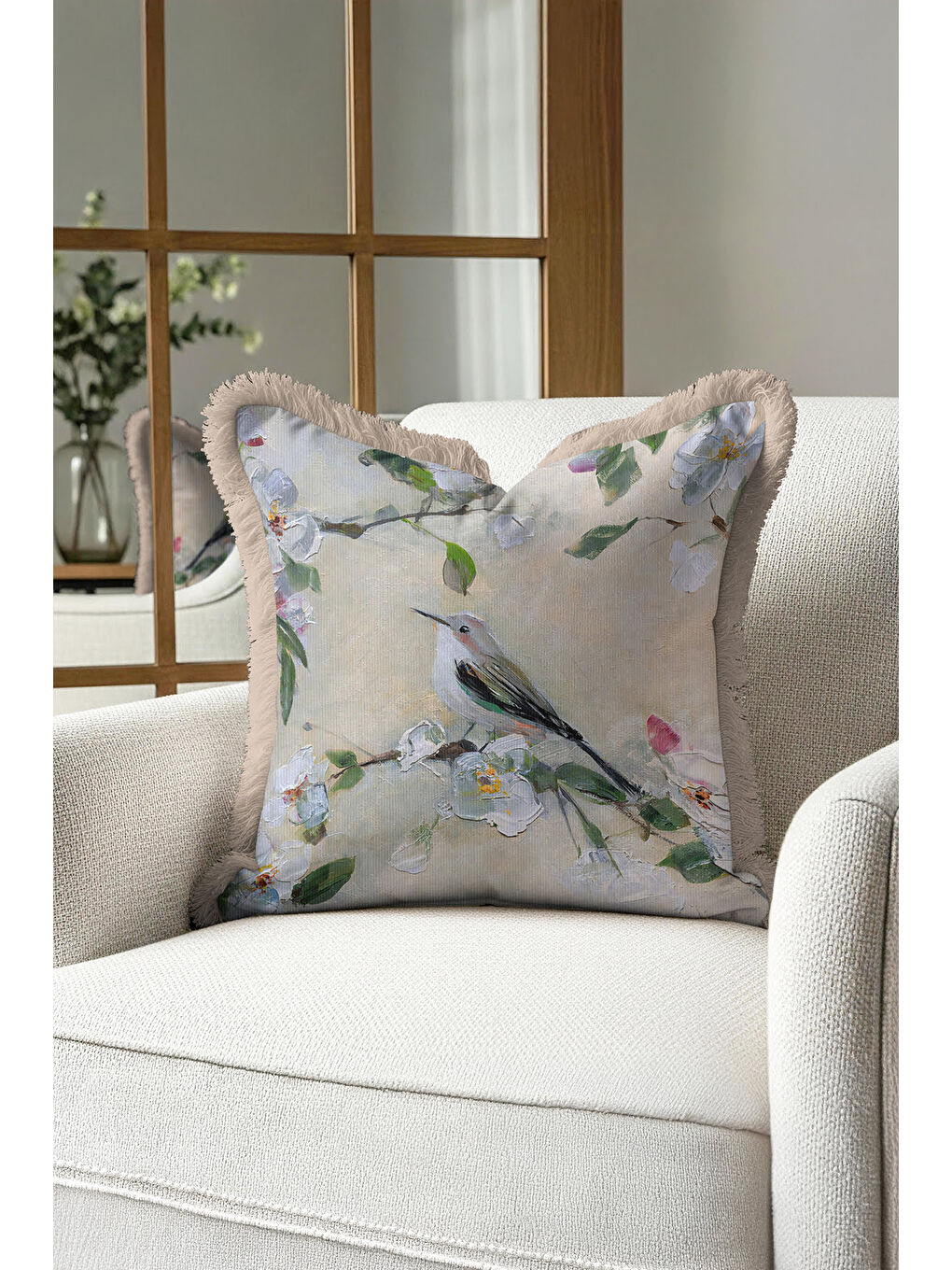 Karışık Pastoral Çiçekli Saçaklı Yastık Kılıfı - Doğal Bahar Kuş Rustik Krem Püsküllü Kırlent Kılıfı-1