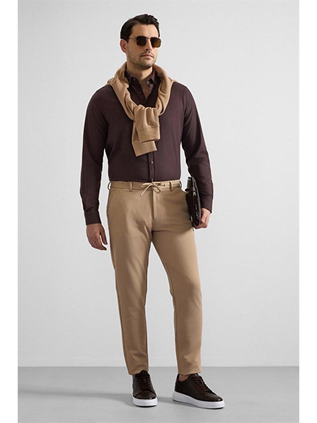 Bej Slim Düz Gabardin Bağcıklı Su Geçirmez Jogger Pantolon