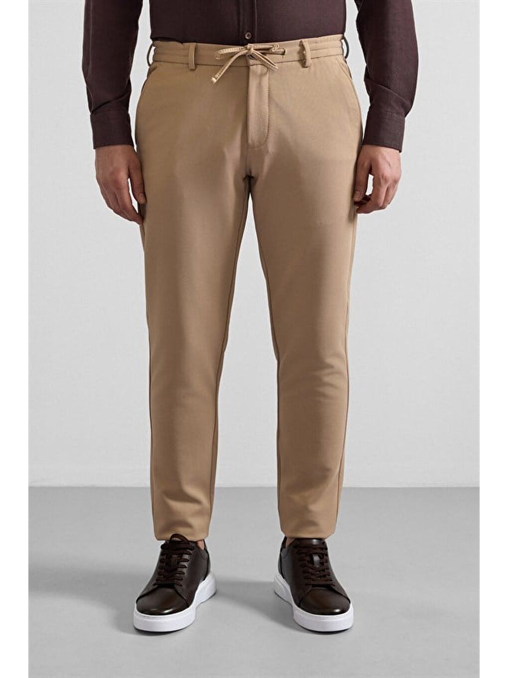 Bej Slim Düz Gabardin Bağcıklı Su Geçirmez Jogger Pantolon-1