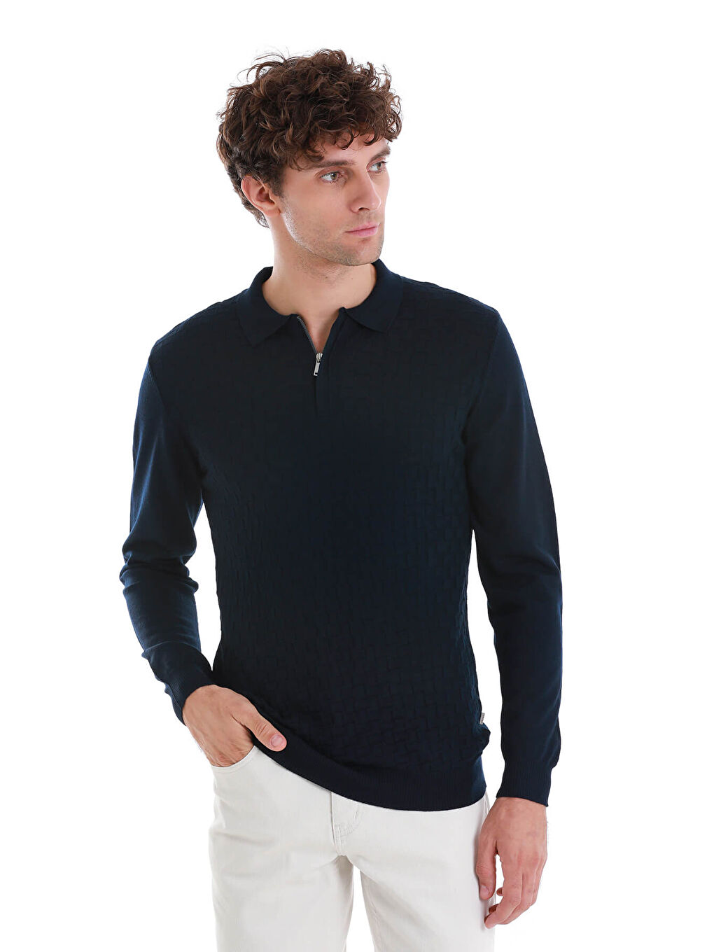 Lacivert Regular Fit Jakarlı Polo Yaka Yünlü Triko Kazak