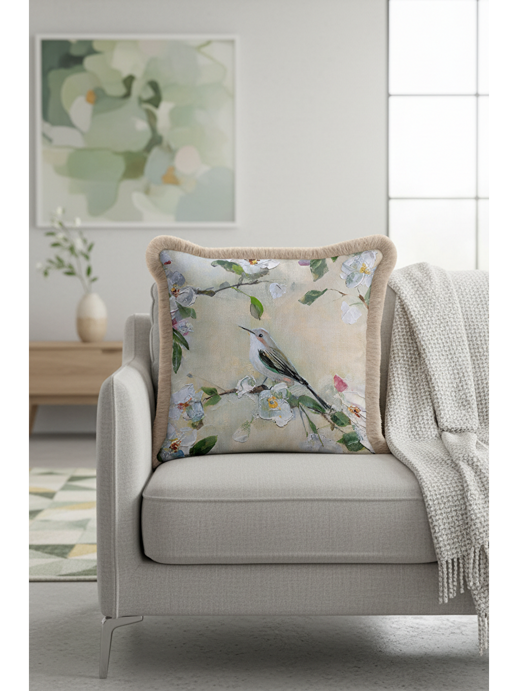 Karışık Pastoral Çiçekli Saçaklı Yastık Kılıfı - Doğal Bahar Kuş Rustik Krem Püsküllü Kırlent Kılıfı-2
