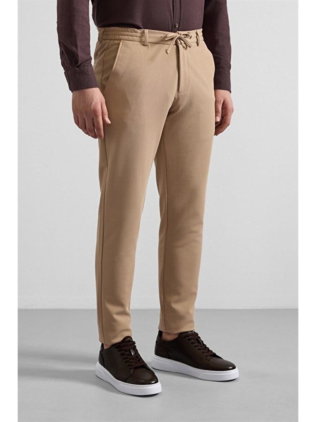 Bej Slim Düz Gabardin Bağcıklı Su Geçirmez Jogger Pantolon-2