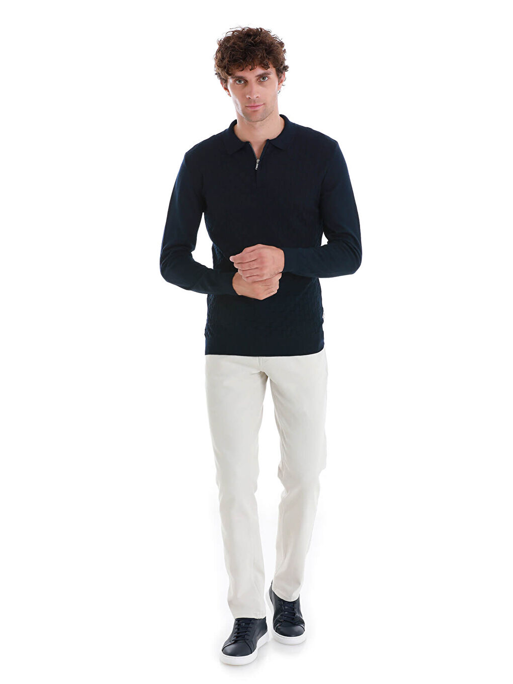 Lacivert Regular Fit Jakarlı Polo Yaka Yünlü Triko Kazak-1