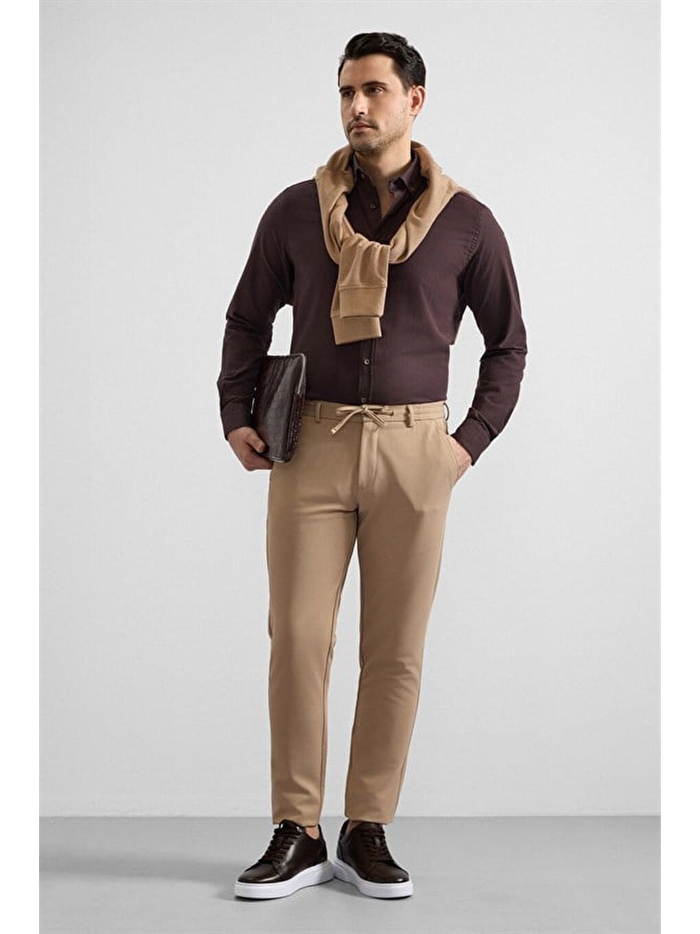 Bej Slim Düz Gabardin Bağcıklı Su Geçirmez Jogger Pantolon-5