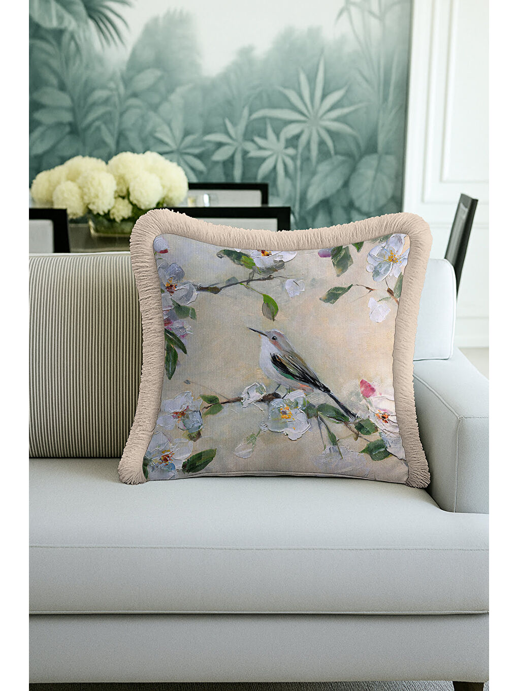 Karışık Pastoral Çiçekli Saçaklı Yastık Kılıfı - Doğal Bahar Kuş Rustik Krem Püsküllü Kırlent Kılıfı-3