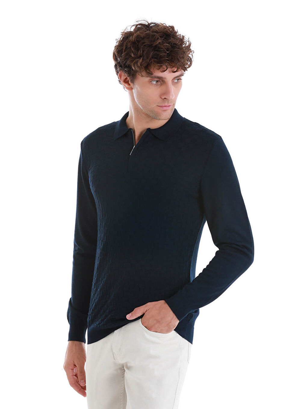 Lacivert Regular Fit Jakarlı Polo Yaka Yünlü Triko Kazak-2